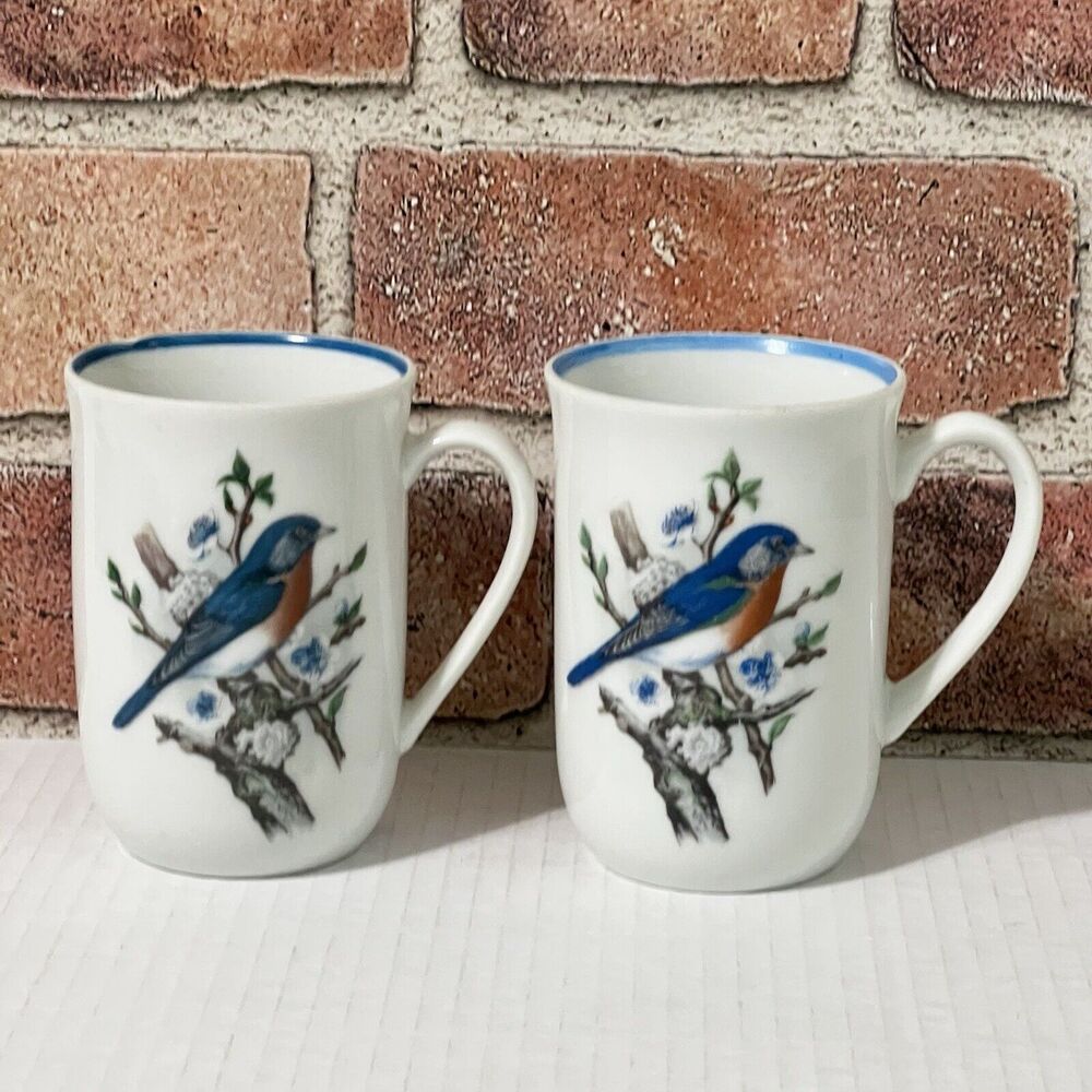 VINTAGE Blue Bird Coffee Mug 12 oz White Lot of 2 Porcelain Bird Watching Nature